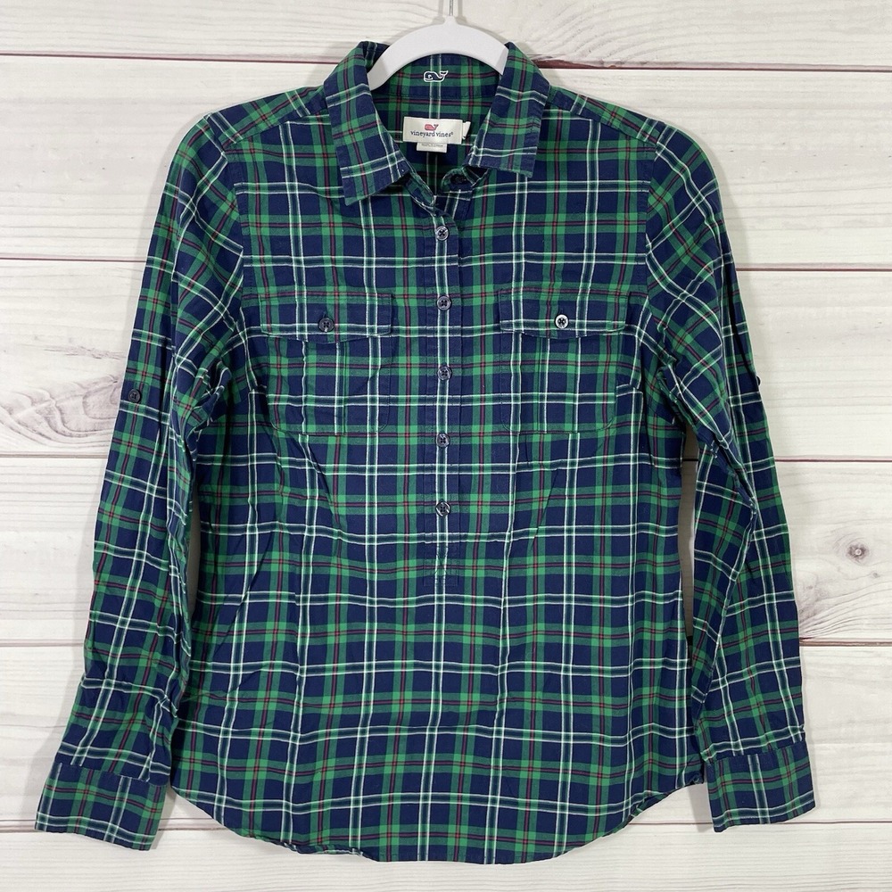 Vineyard Vines Popover Shirt Plaid Womens Size 2 Green Blue Casual
